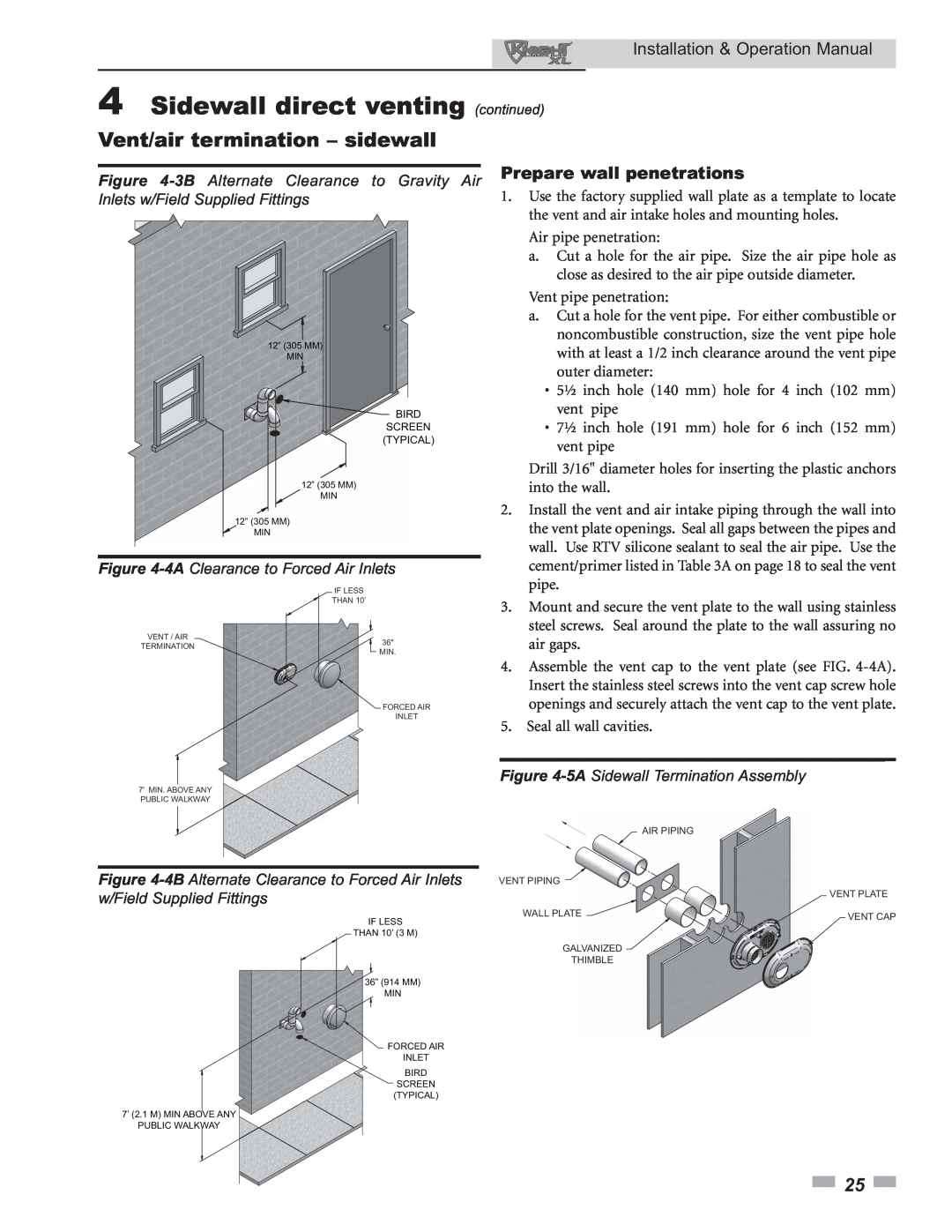 Lochinvar 399 4Sidewall direct venting continued, Vent/air termination – sidewall, Installation & Operation Manual 