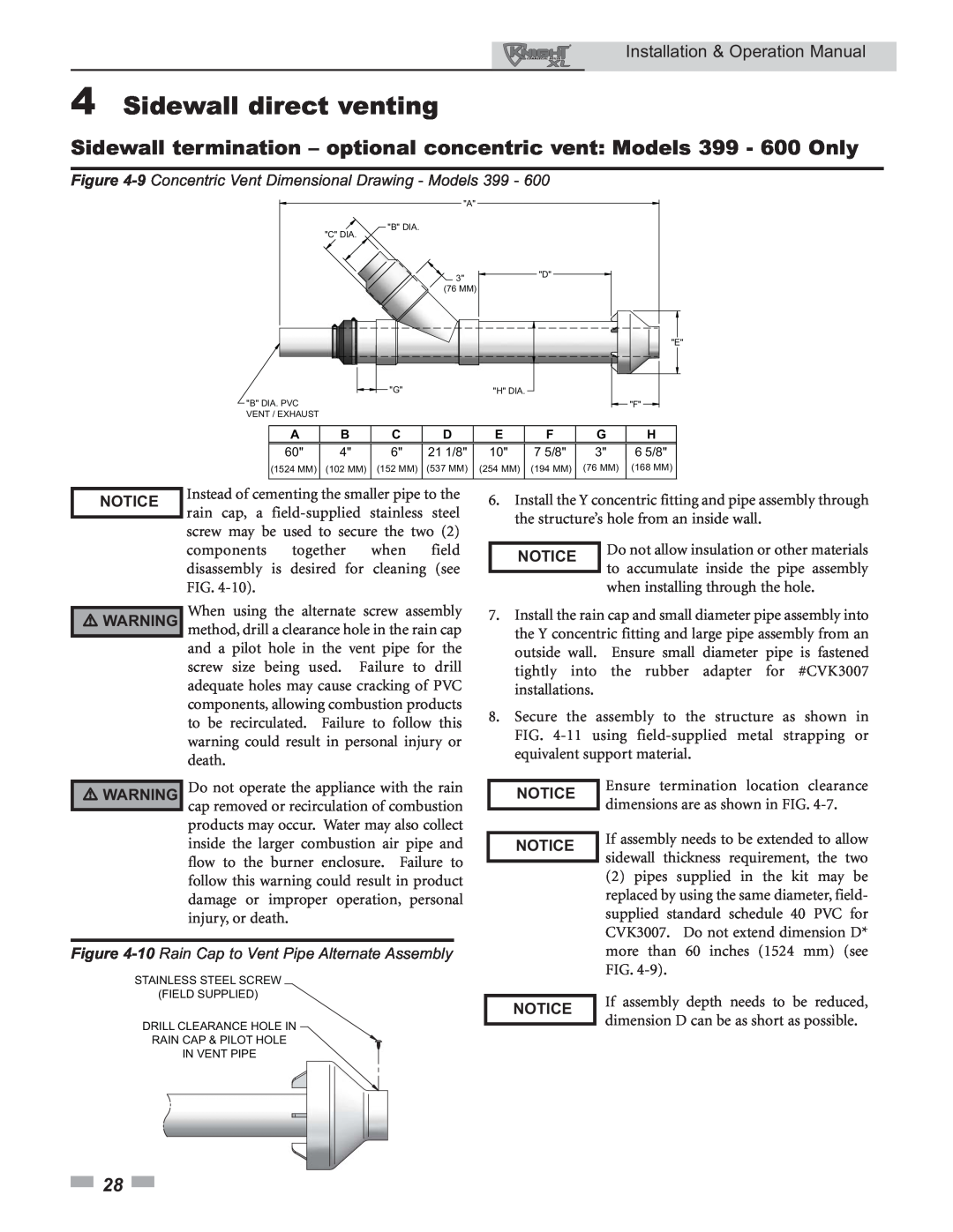 Lochinvar 399 operation manual 4Sidewall direct venting, Installation & Operation Manual, Notice 