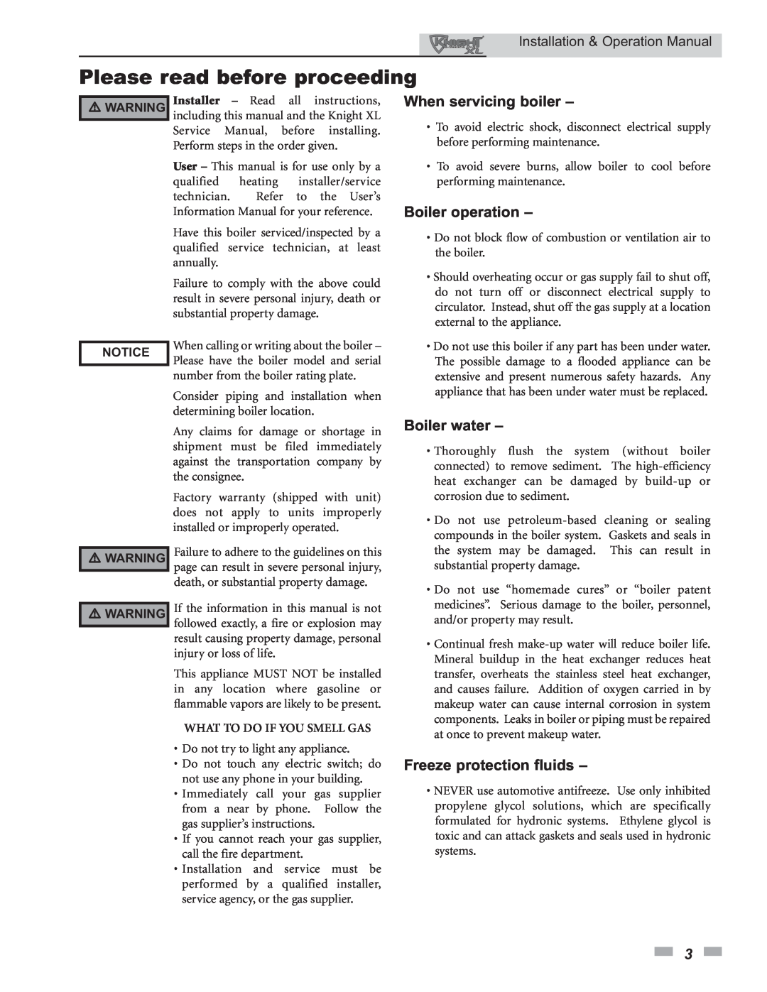 Lochinvar 399 operation manual Please read before proceeding, When servicing boiler, Boiler operation, Boiler water 