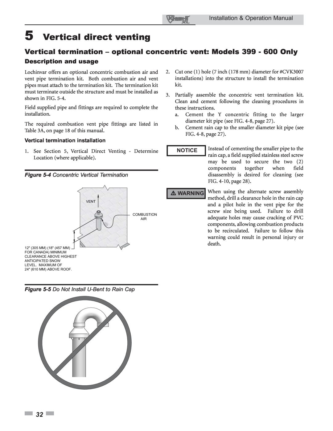 Lochinvar 399 operation manual 5Vertical direct venting, Installation & Operation Manual, Description and usage, Notice 