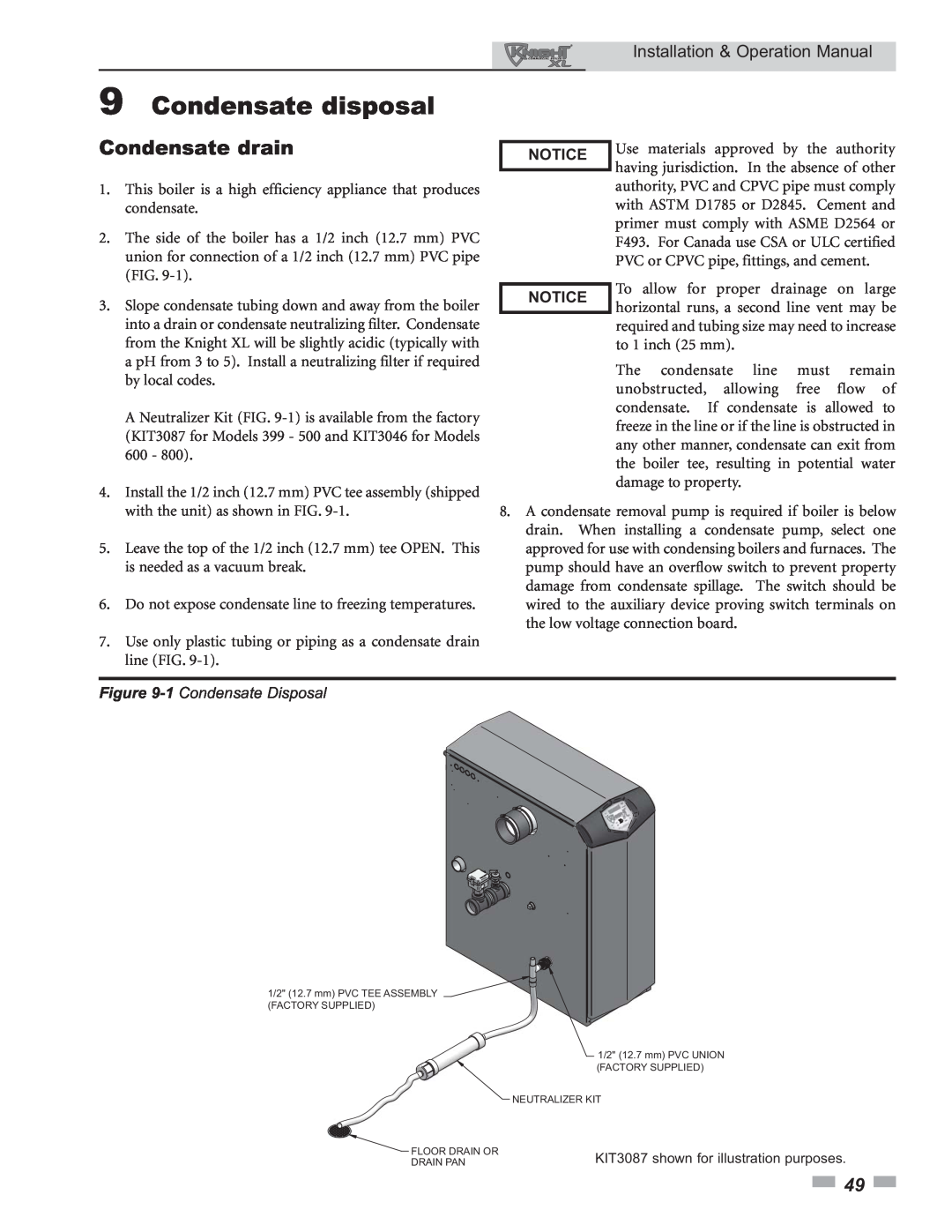 Lochinvar 399 9Condensate disposal, Condensate drain, Installation & Operation Manual, Notice, 1 Condensate Disposal 