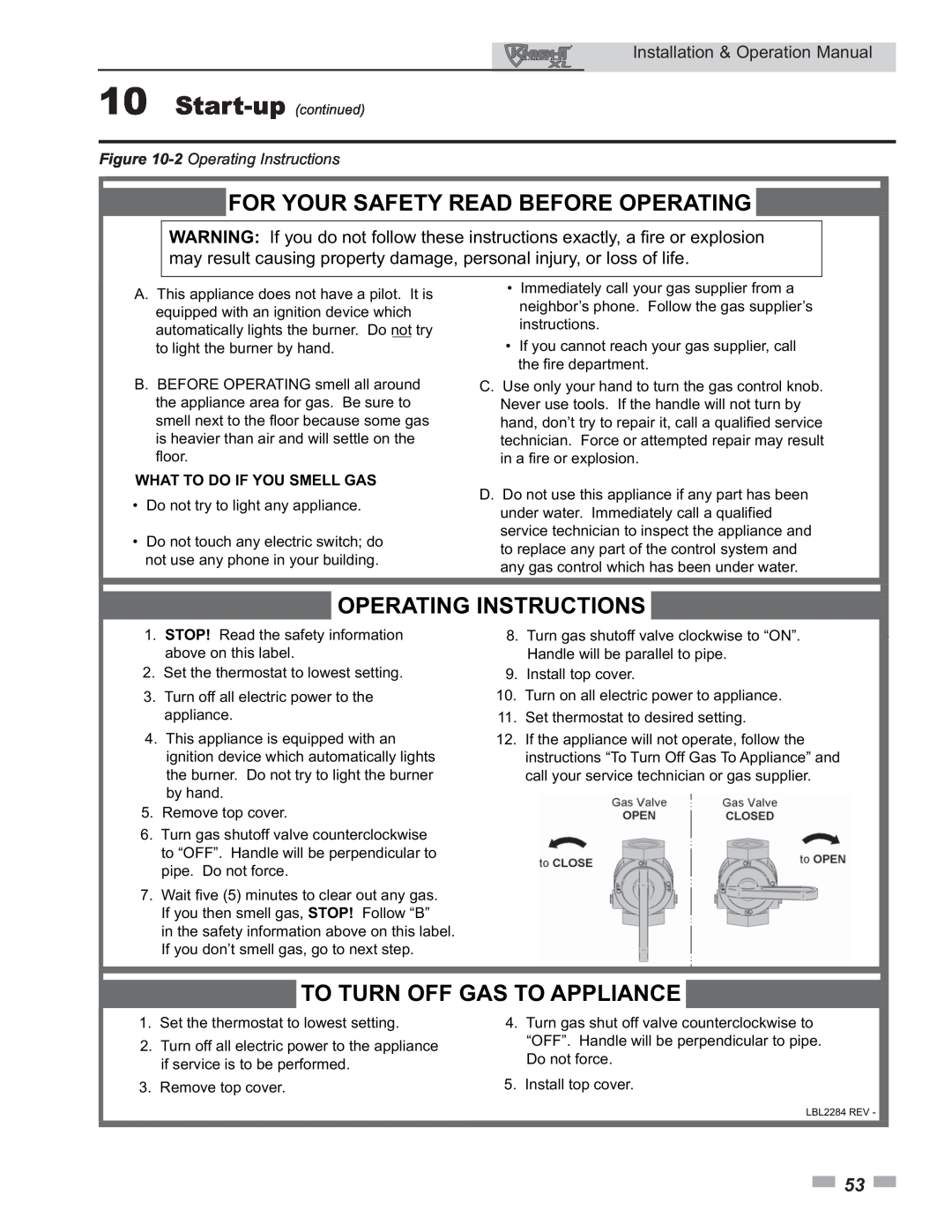 Lochinvar 399 operation manual For Your Safety Read Before Operating, Operating Instructions, To Turn Off Gas To Appliance 