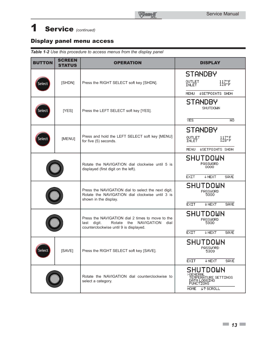 Lochinvar 400 - 801 service manual Display panel menu access, Button Screen Operation Display Status 