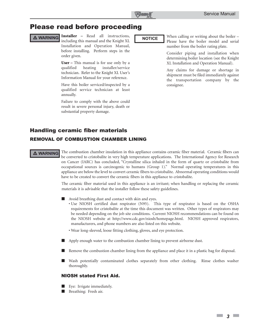 Lochinvar 400 - 801 service manual Please read before proceeding, Handling ceramic fiber materials, Niosh stated First Aid 