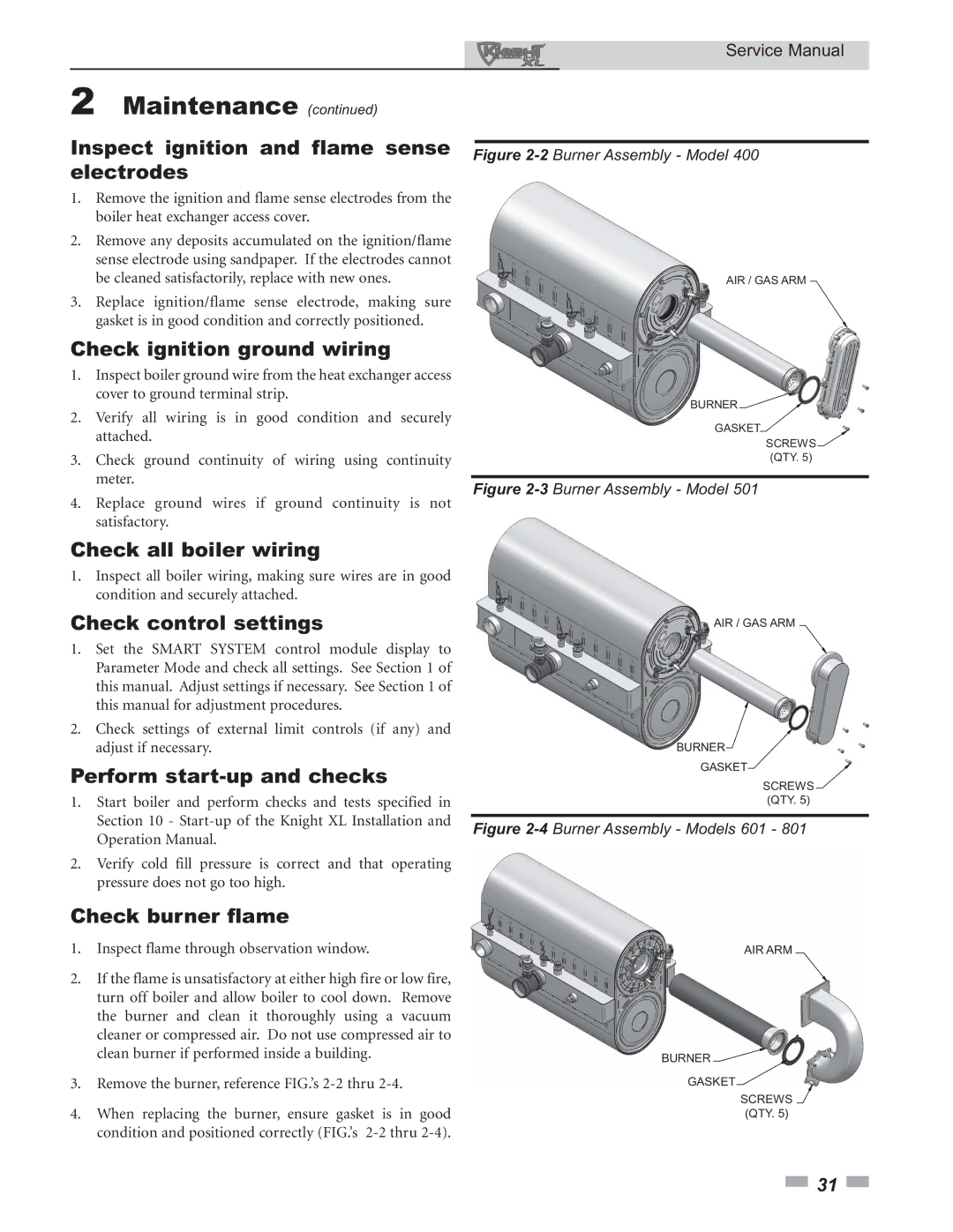 Lochinvar 400 - 801 Inspect ignition and flame sense electrodes, Check ignition ground wiring, Check all boiler wiring 