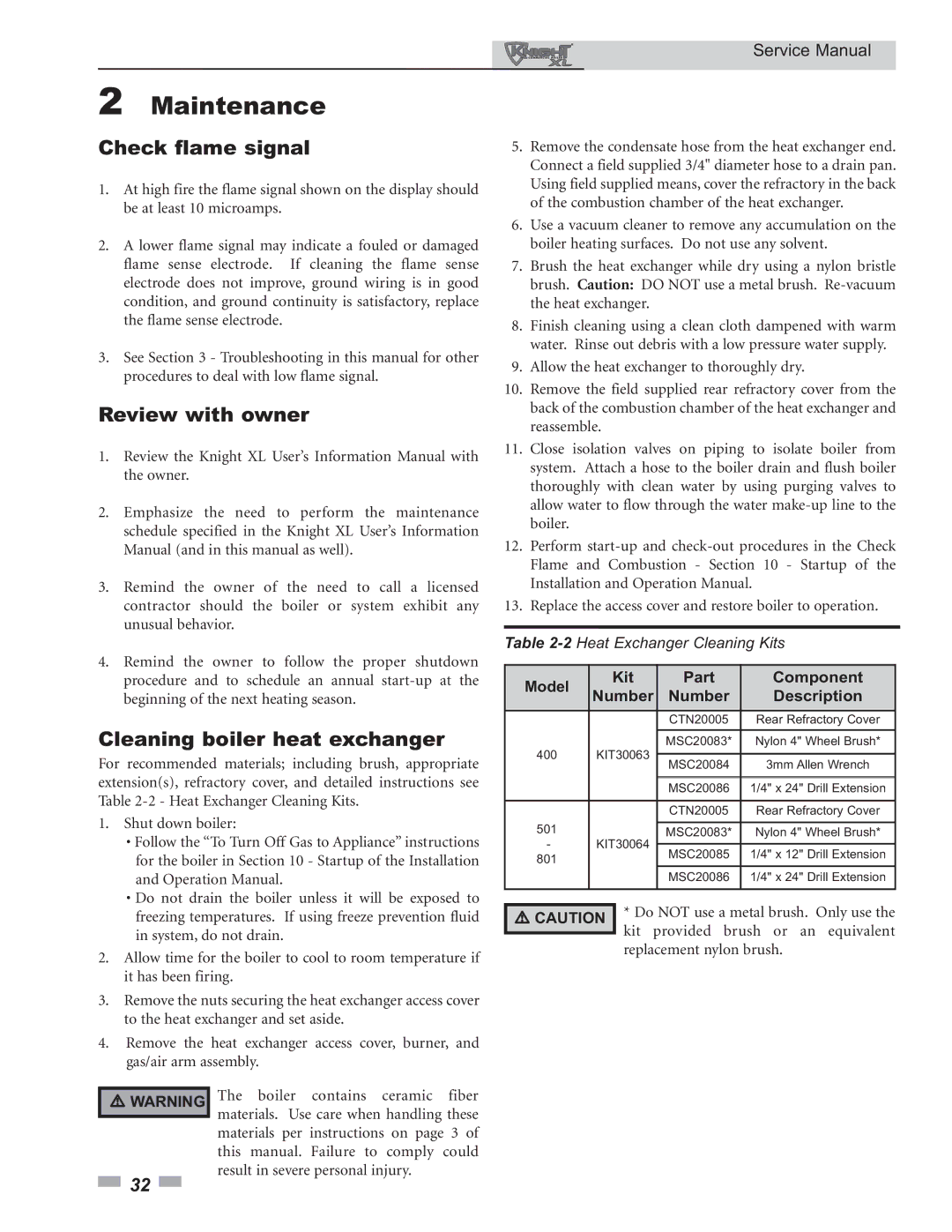 Lochinvar 400 - 801 service manual Check flame signal, Review with owner, Cleaning boiler heat exchanger 