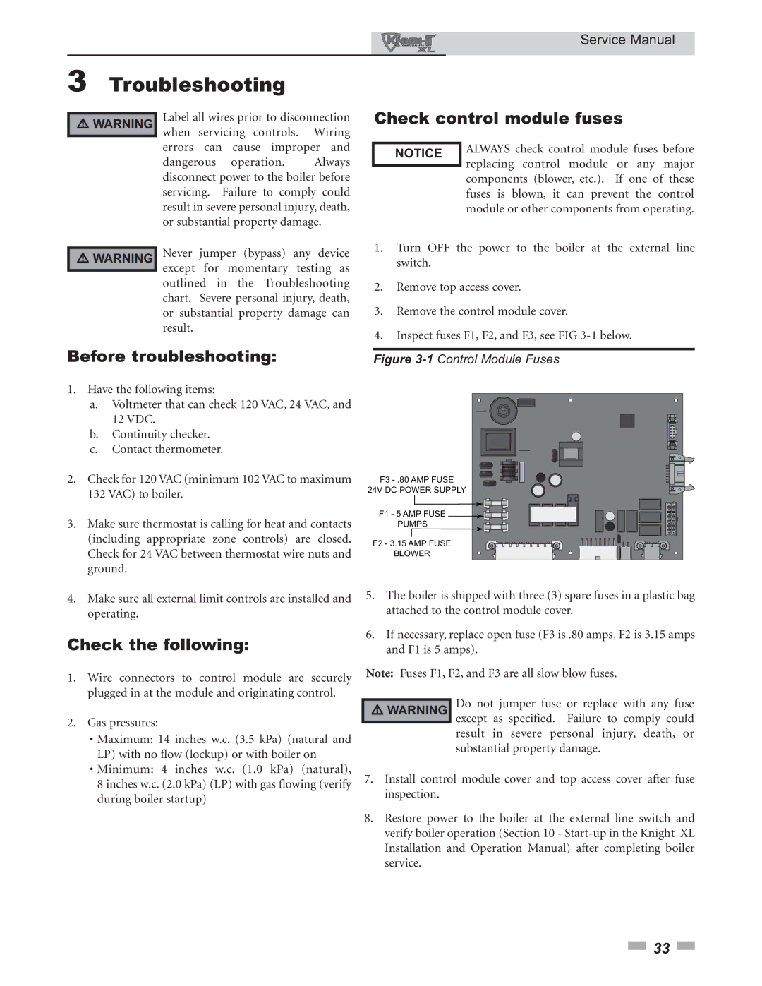 Lochinvar 400 - 801 service manual Troubleshooting, Check control module fuses, Before troubleshooting, Check the following 