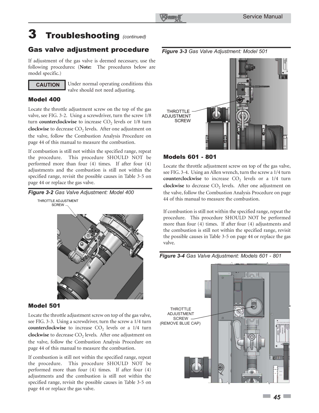 Lochinvar 400 - 801 service manual Gas valve adjustment procedure, Models 601 