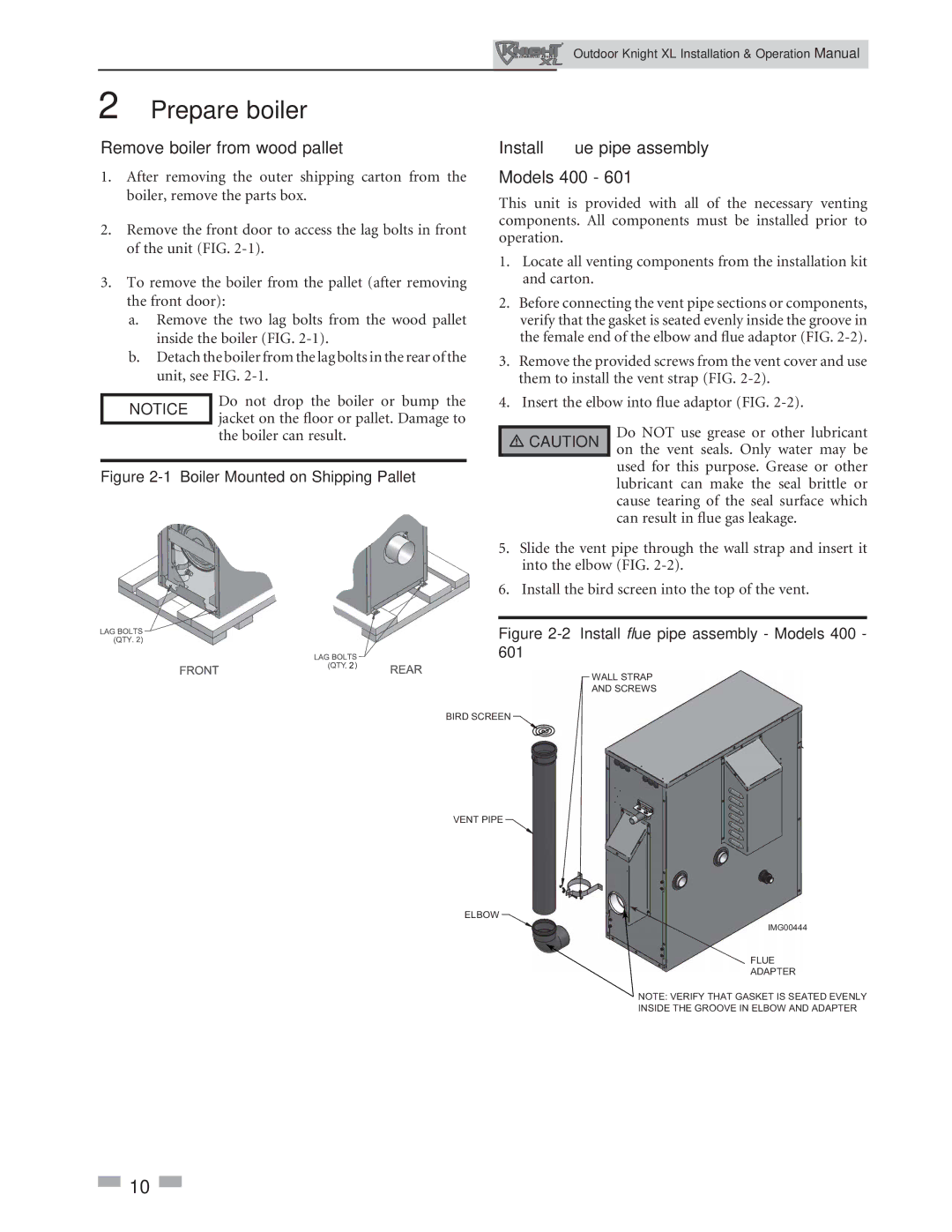 Lochinvar 400-801 operation manual Prepare boiler, Remove boiler from wood pallet, Install ﬂue pipe assembly Models 400 