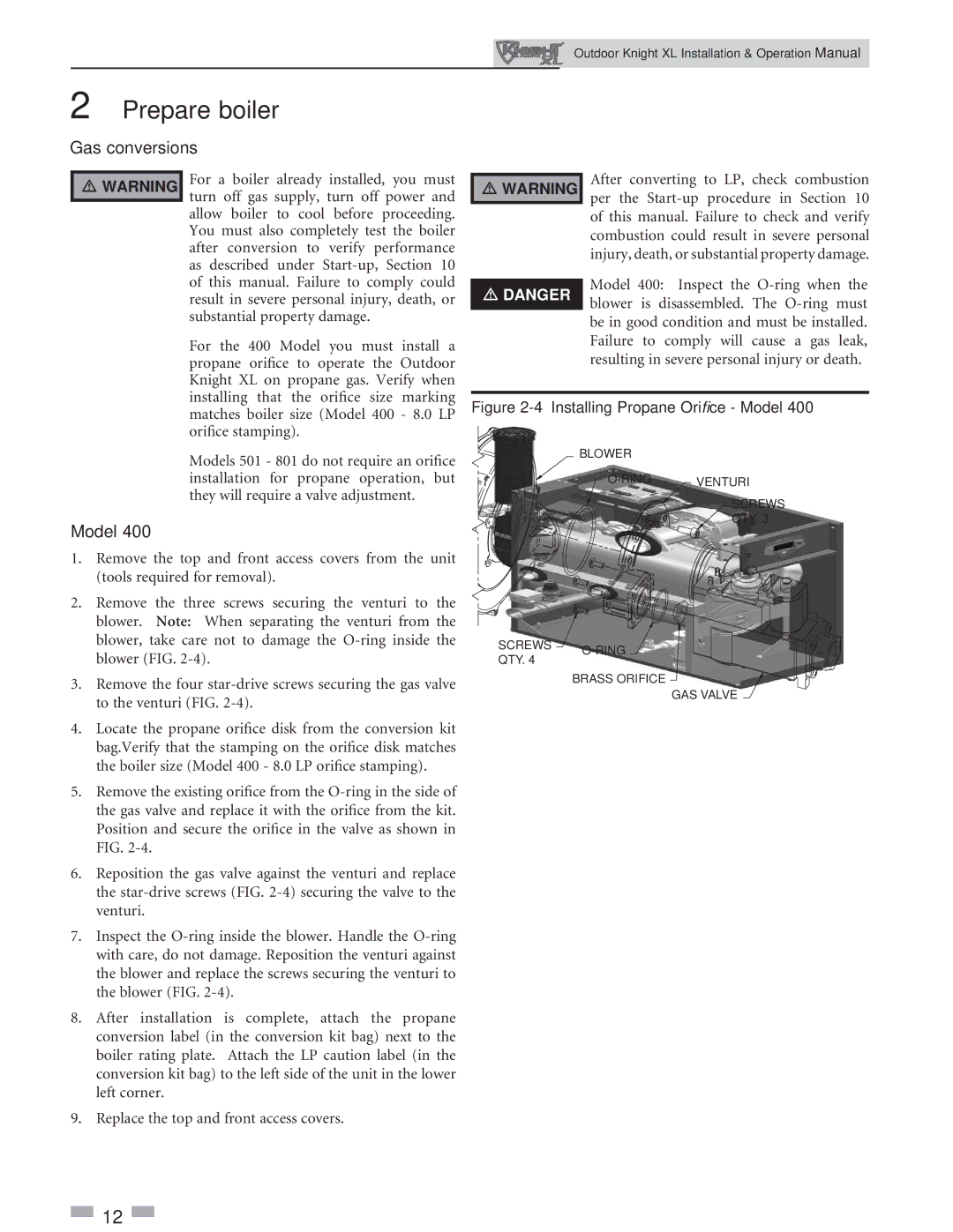 Lochinvar 400-801 operation manual Gas conversions Model, 4Installing Propane Oriﬁce Model 