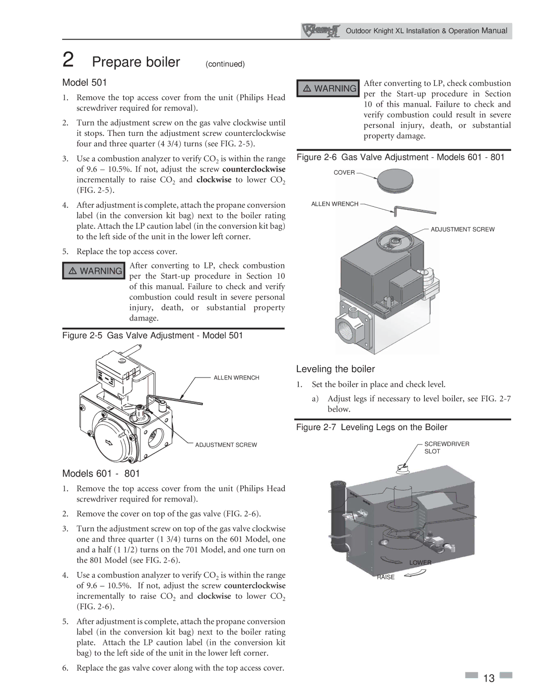 Lochinvar 400-801 operation manual Models 601, Leveling the boiler 