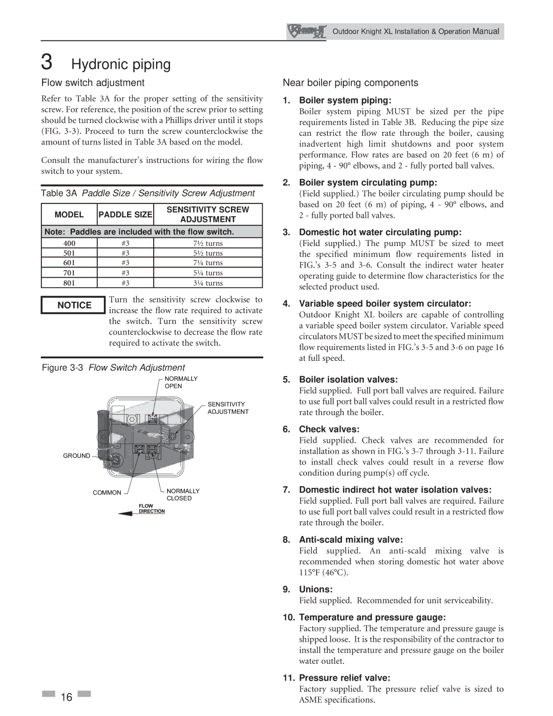 Lochinvar 400-801 operation manual Flow switch adjustment, Near boiler piping components 