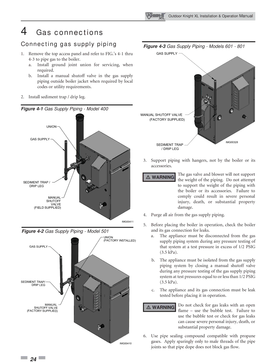 Lochinvar 400-801 operation manual Gas connections, Connecting gas supply piping 