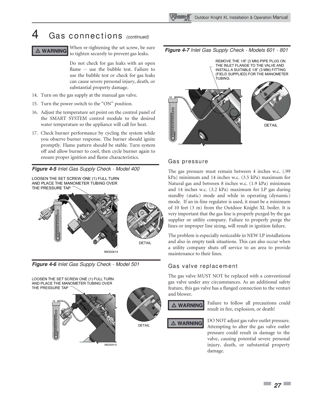 Lochinvar 400-801 operation manual Gas pressure, Gas valve replacement 