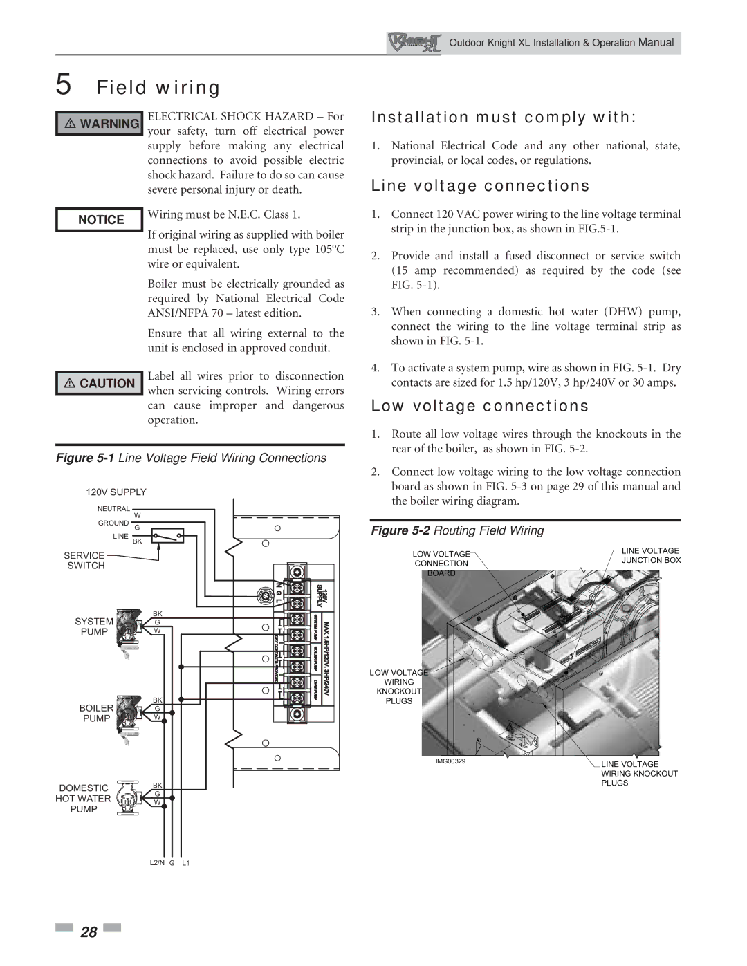 Lochinvar 400-801 Field wiring, Installation must comply with, Line voltage connections, Low voltage connections 