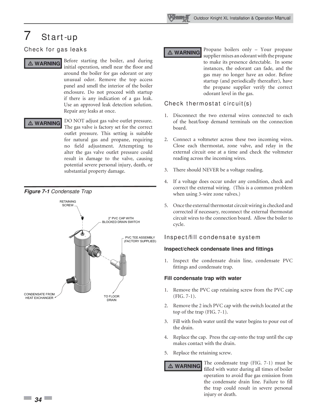 Lochinvar 400-801 operation manual Check for gas leaks, Check thermostat circuits, Inspect/ﬁll condensate system 