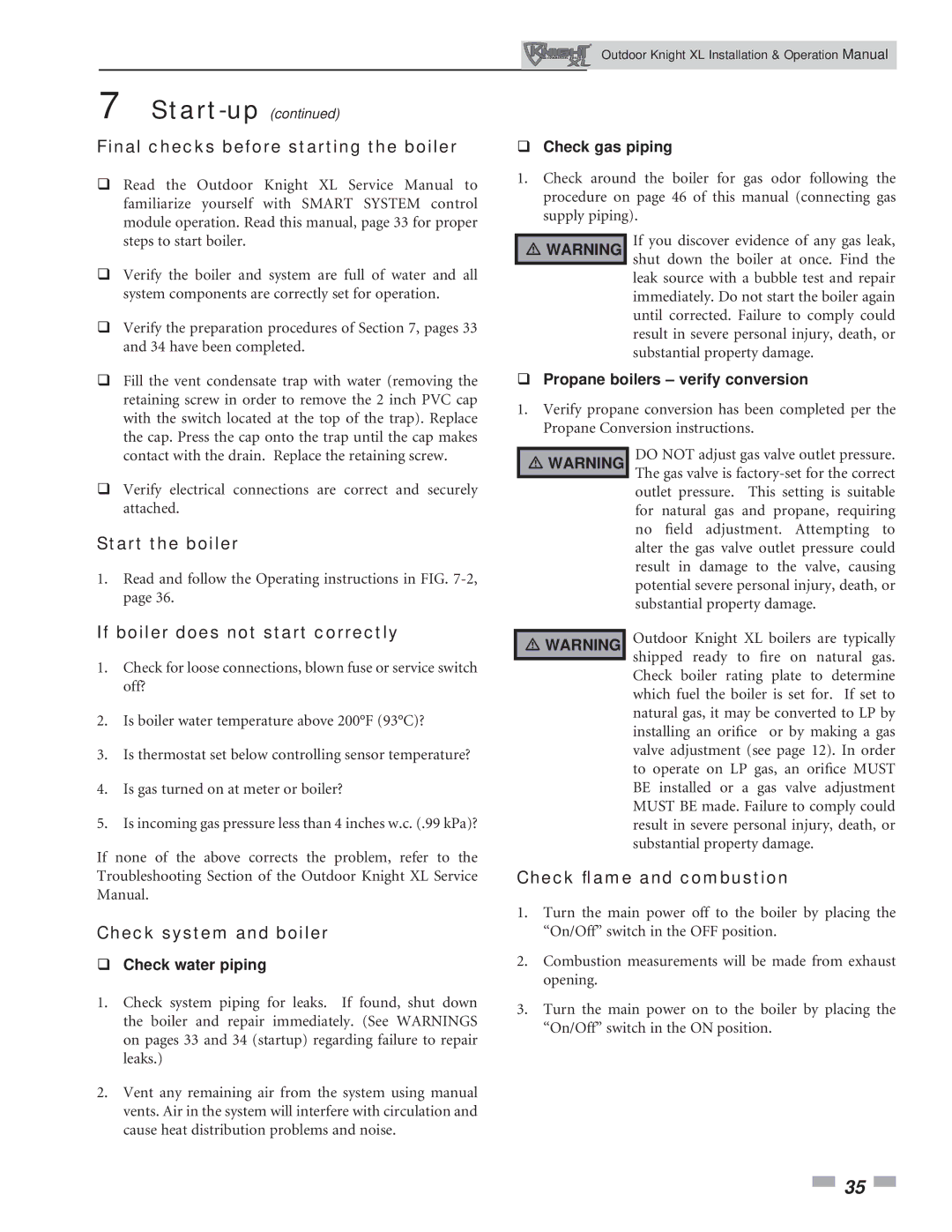 Lochinvar 400-801 Final checks before starting the boiler, Start the boiler, If boiler does not start correctly 