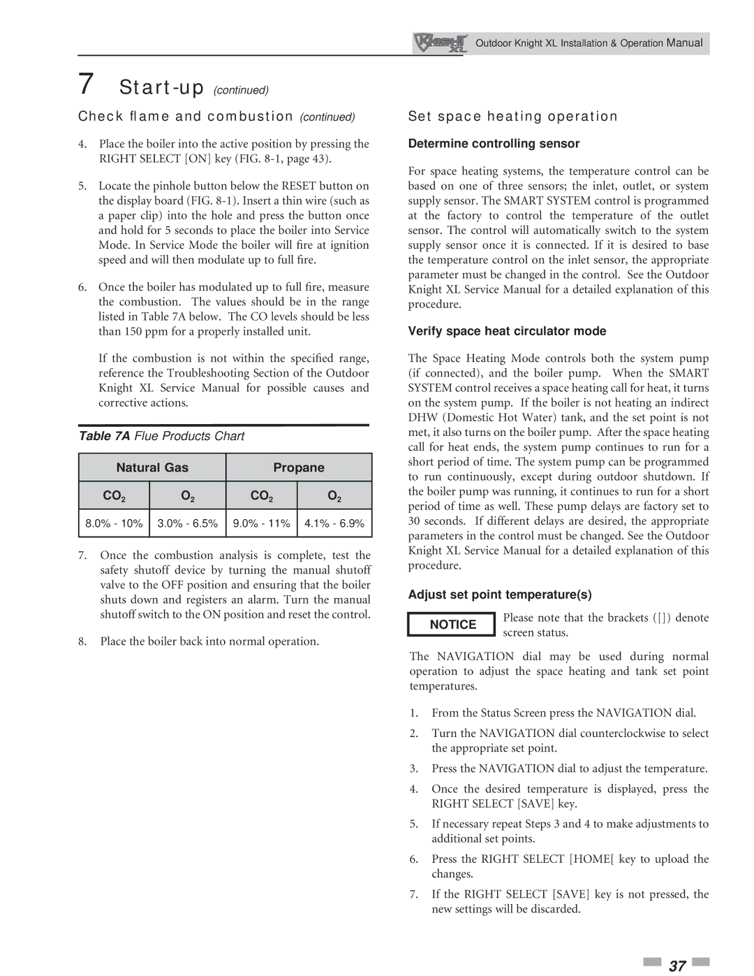 Lochinvar 400-801 operation manual Set space heating operation, Natural Gas Propane 