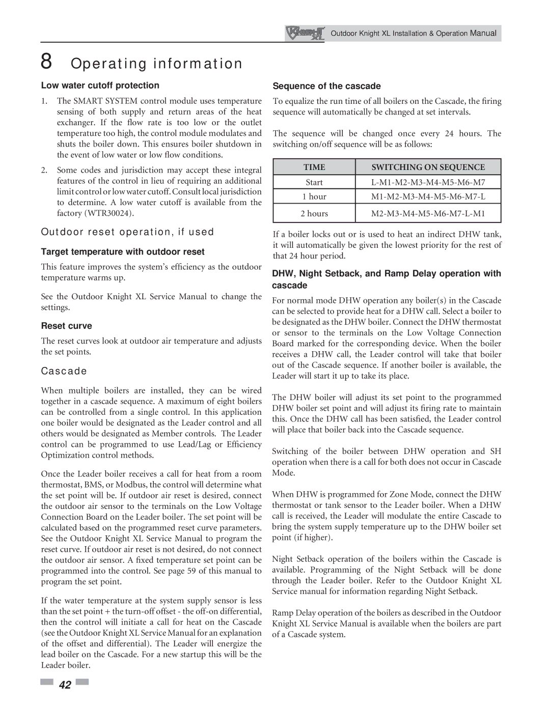 Lochinvar 400-801 operation manual Outdoor reset operation, if used, Cascade 