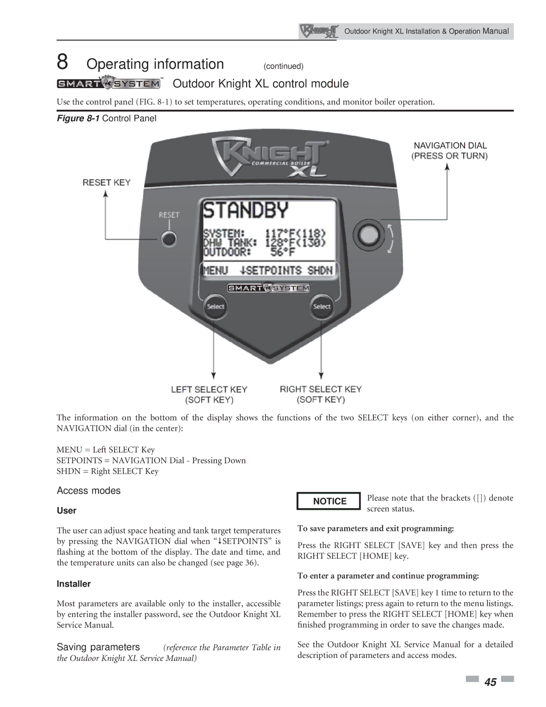 Lochinvar 400-801 operation manual Outdoor Knight XL control module, Access modes, User, Installer 