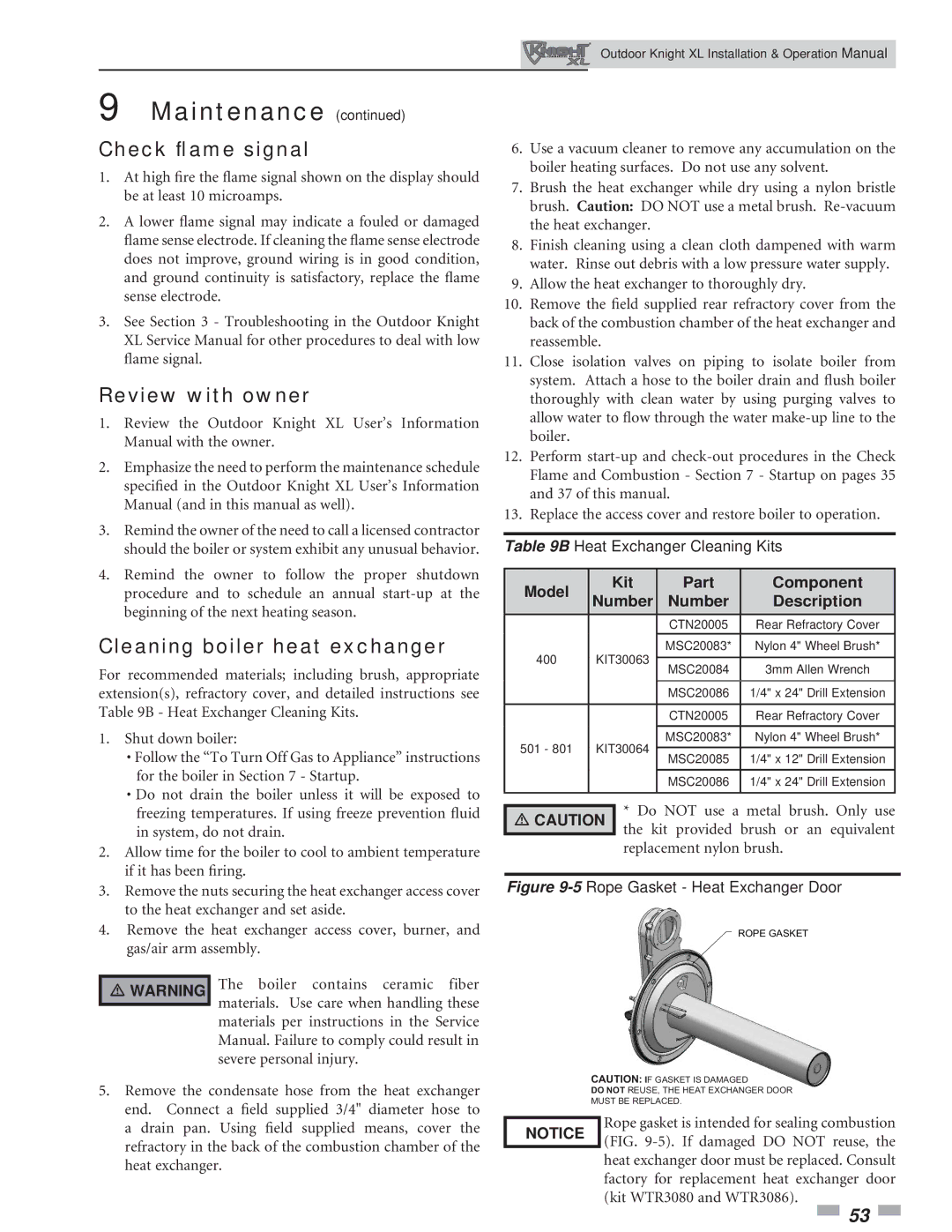 Lochinvar 400-801 operation manual Check ﬂame signal, Review with owner, Cleaning boiler heat exchanger 