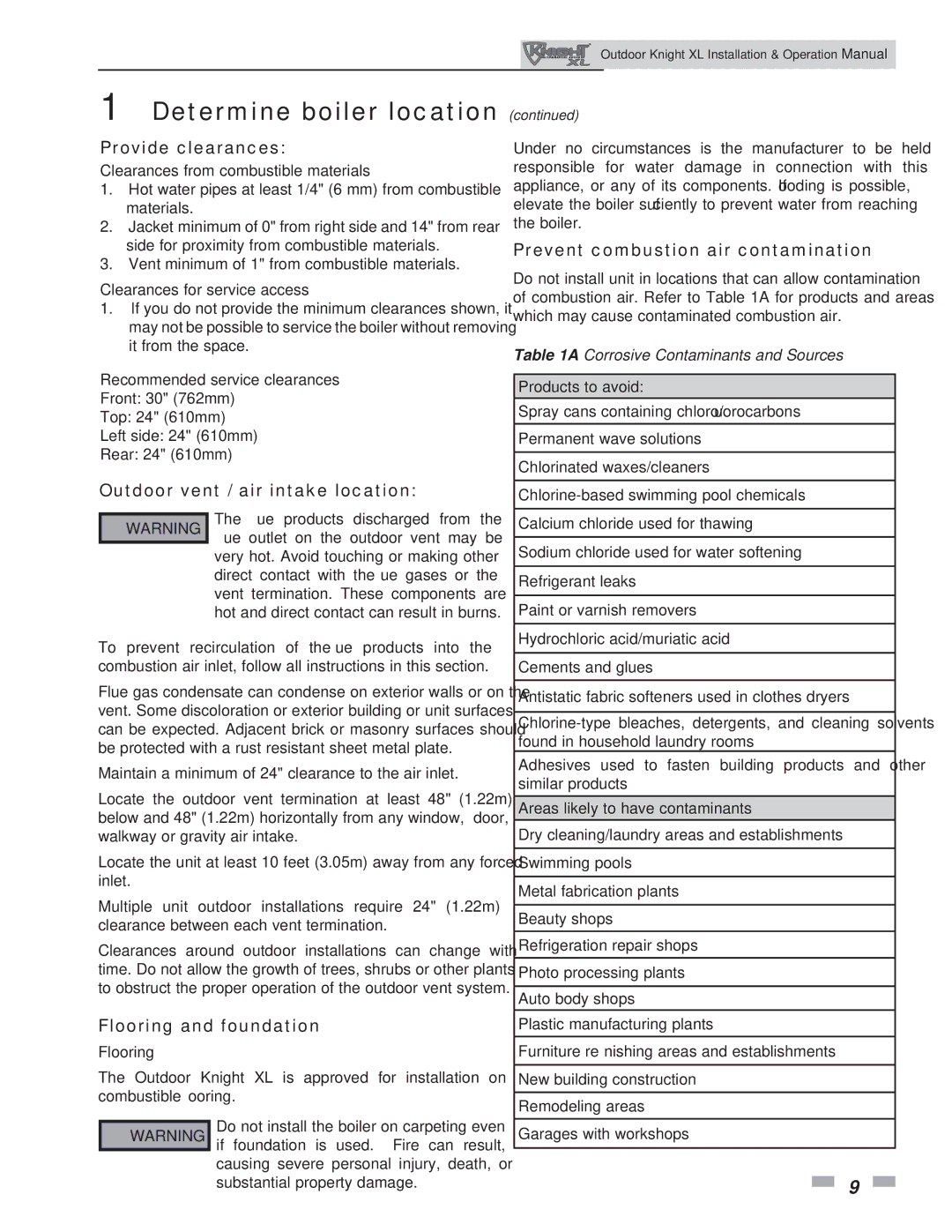 Lochinvar 400-801 operation manual Provide clearances, Outdoor vent / air intake location, Flooring and foundation 