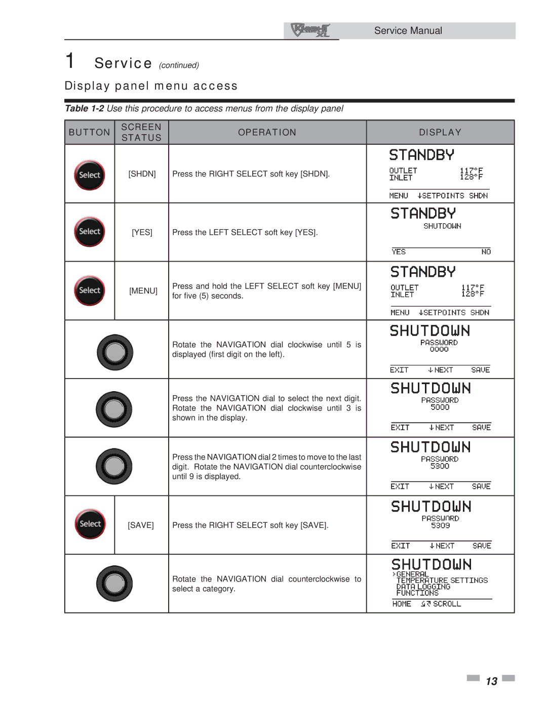 Lochinvar 400-801 service manual Display panel menu access, Button Screen Operation Display Status 