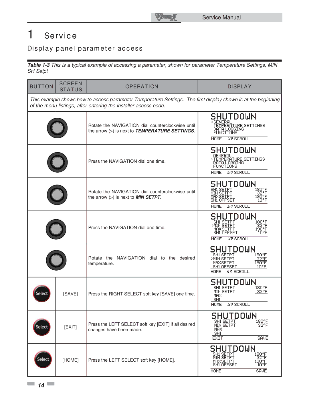 Lochinvar 400-801 service manual Display panel parameter access, Button Screen Status Operation Display 