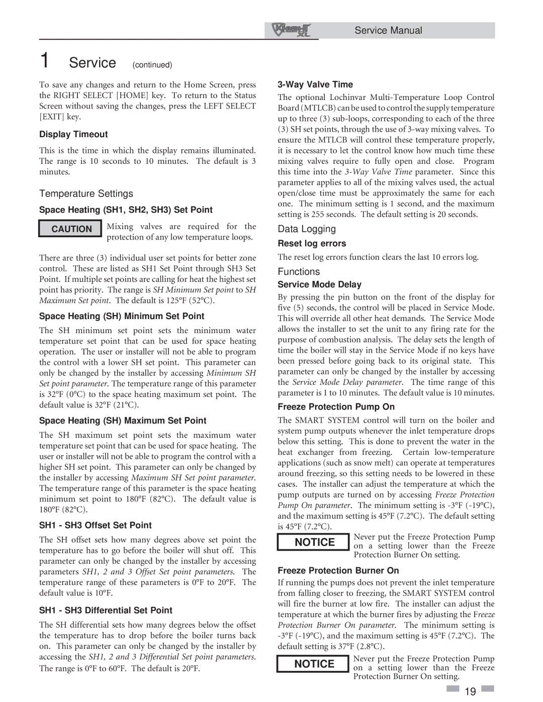 Lochinvar 400-801 service manual Temperature Settings, Data Logging, Functions 