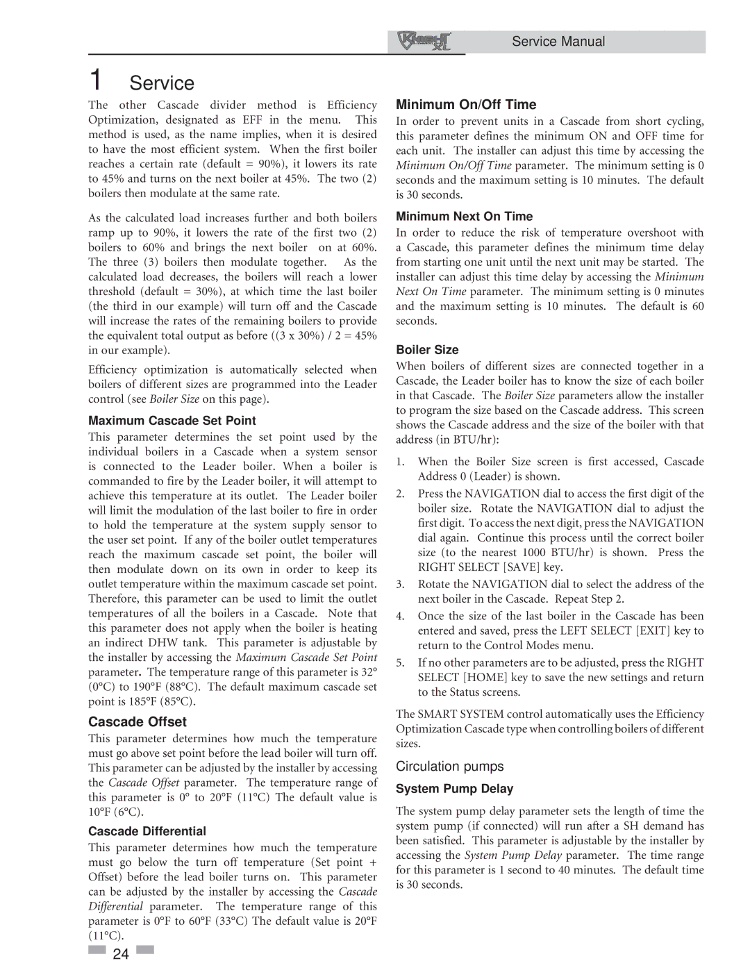 Lochinvar 400-801 service manual Cascade Offset, Minimum On/Off Time, Circulation pumps 