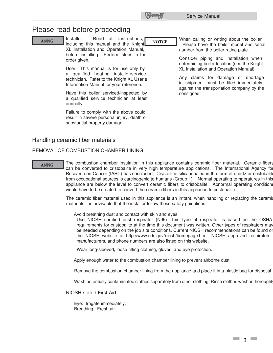 Lochinvar 400-801 service manual Please read before proceeding, Handling ceramic fiber materials, Niosh stated First Aid 