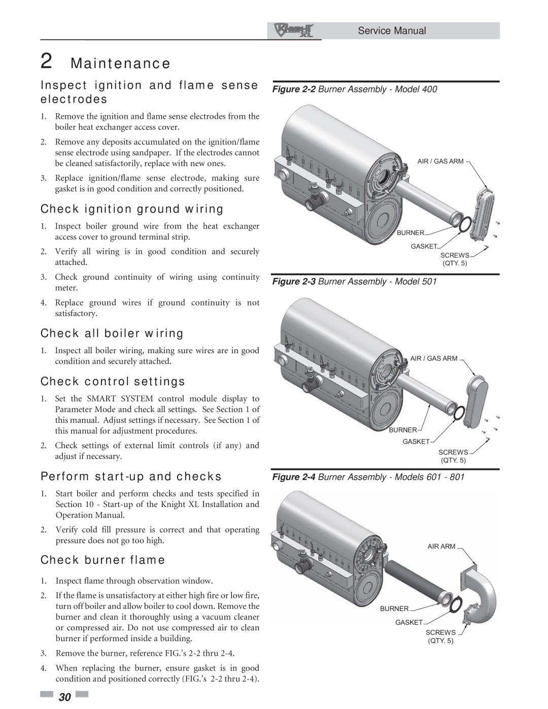 Lochinvar 400-801 Inspect ignition and flame sense electrodes, Check ignition ground wiring, Check all boiler wiring 