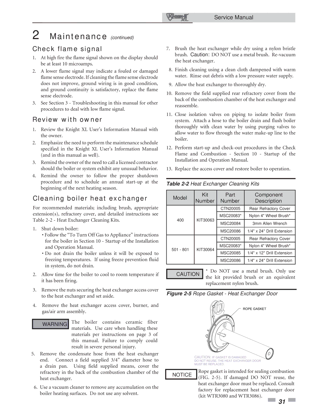 Lochinvar 400-801 service manual Check flame signal, Review with owner, Cleaning boiler heat exchanger 