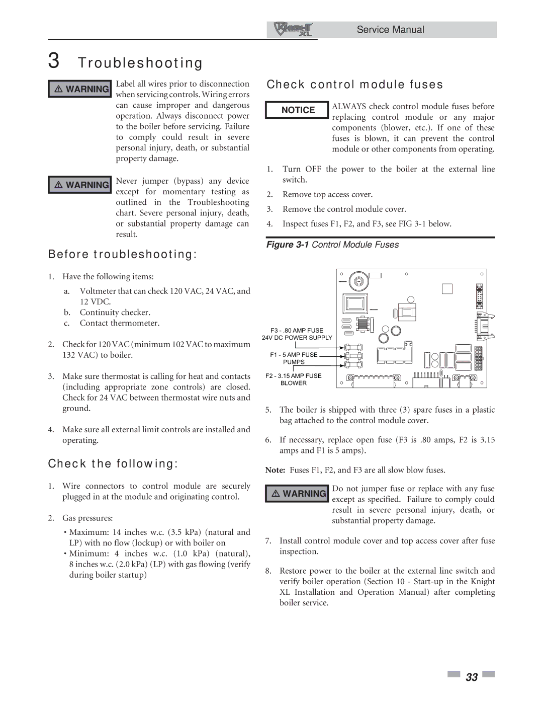 Lochinvar 400-801 service manual Troubleshooting, Before troubleshooting, Check the following, Check control module fuses 