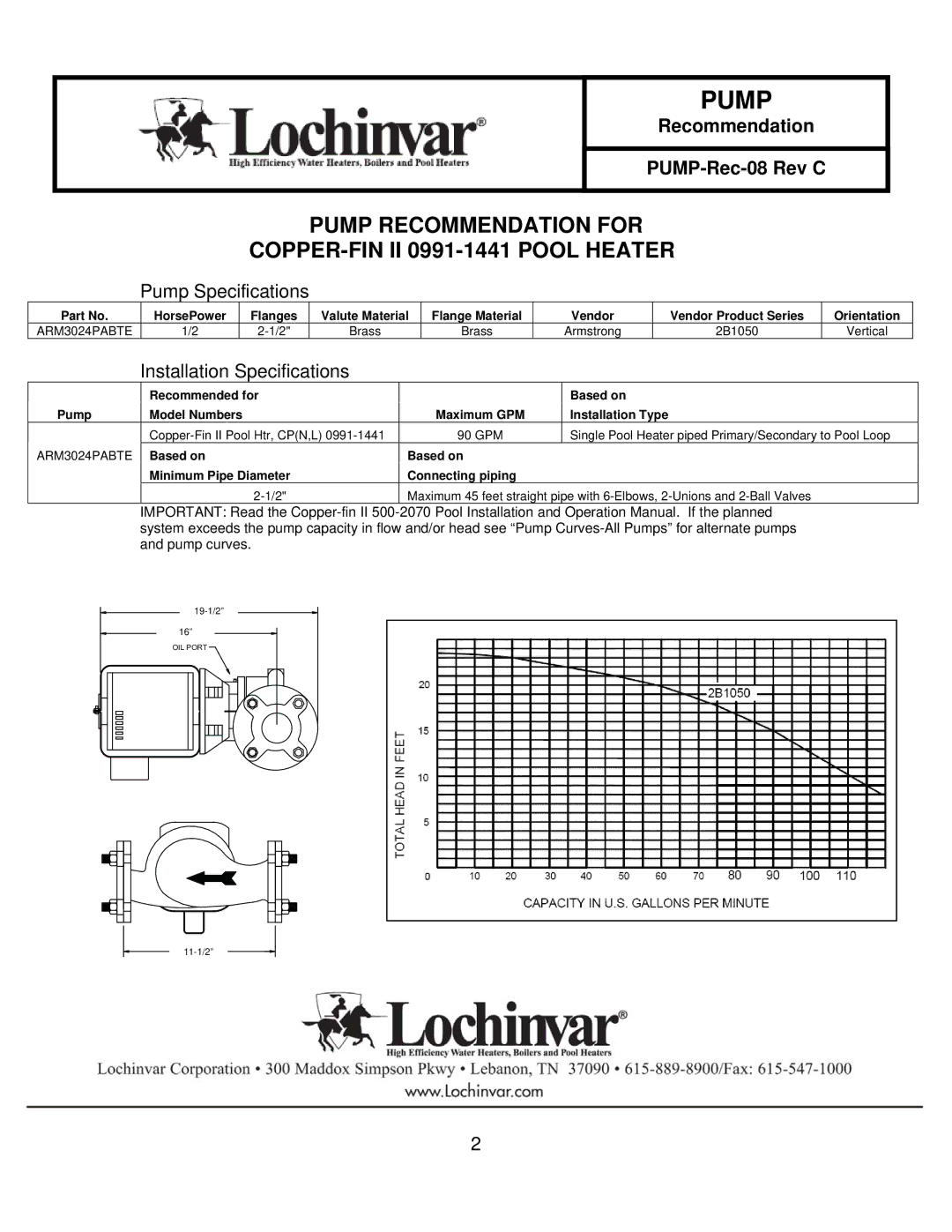 Lochinvar 401-751 specifications COPPER-FIN II 0991-1441 Pool Heater, Pump Recommendation for, HorsePower Flanges 