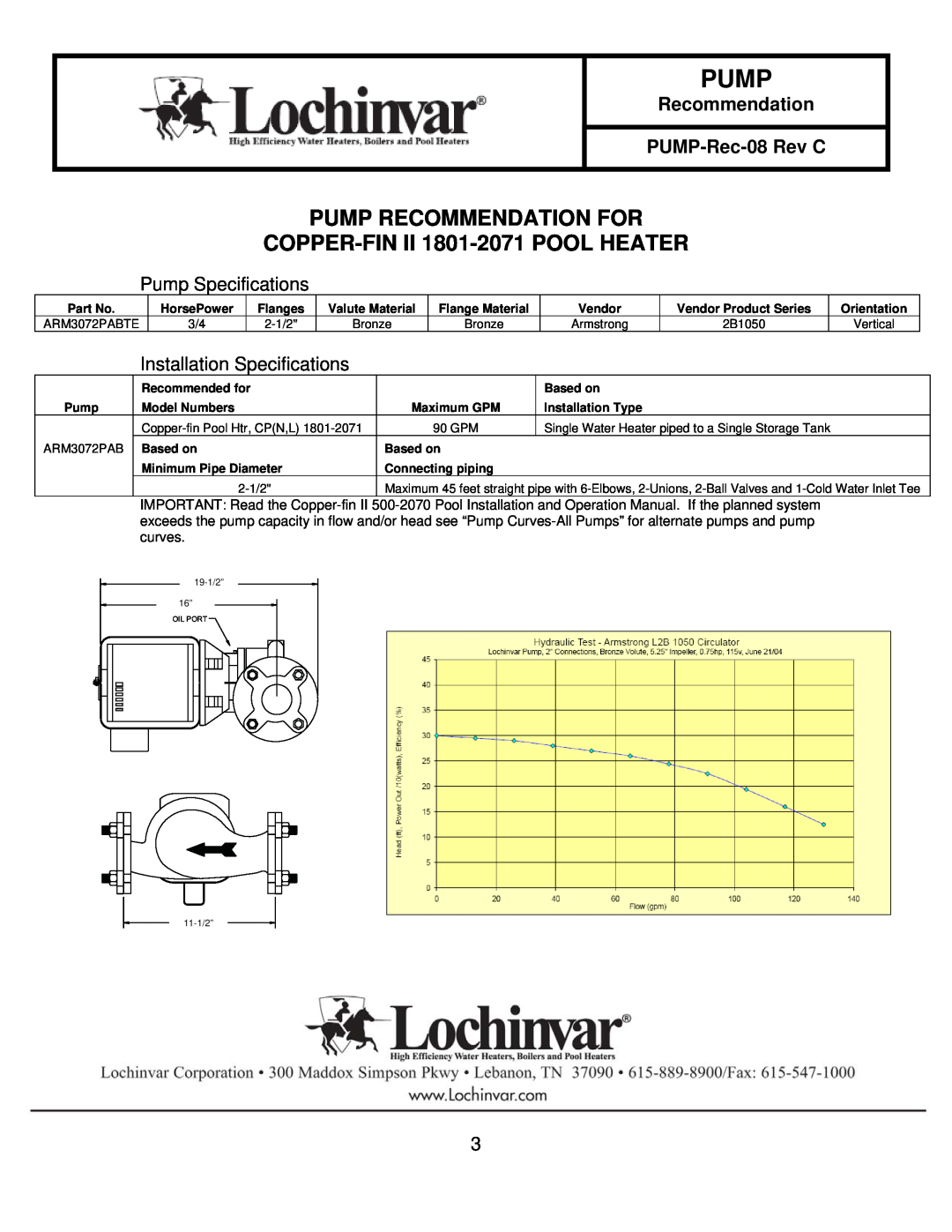 Lochinvar 401-751 COPPER-FINII 1801-2071POOL HEATER, Pump Recommendation For, Pump Specifications, PUMP-Rec-08Rev C 