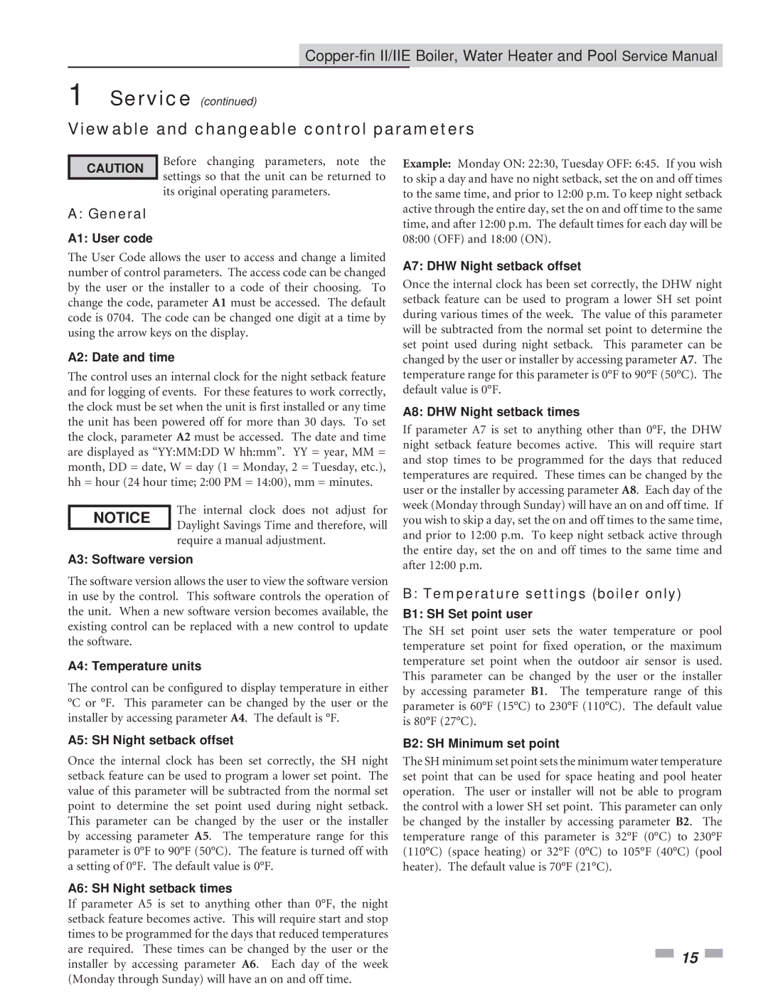 Lochinvar 502 - 2072, 402 - 2072 service manual Viewable and changeable control parameters, Temperature settings boiler only 