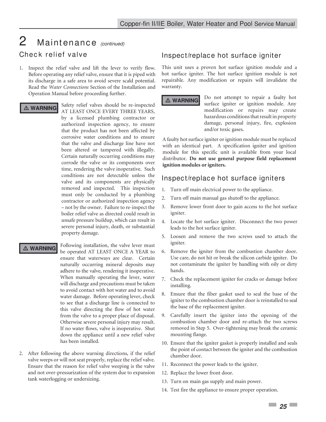 Lochinvar 502 - 2072 Check relief valve Inspect/replace hot surface igniter, Inspect/replace hot surface igniters 