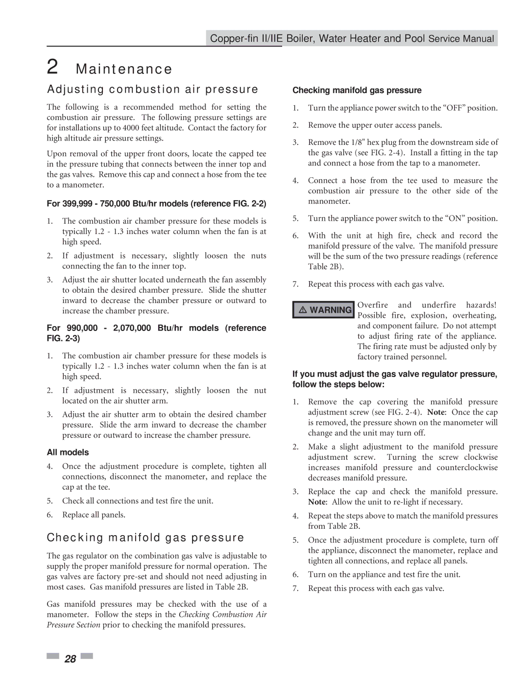 Lochinvar 402 - 2072, 502 - 2072 service manual Adjusting combustion air pressure, Checking manifold gas pressure 