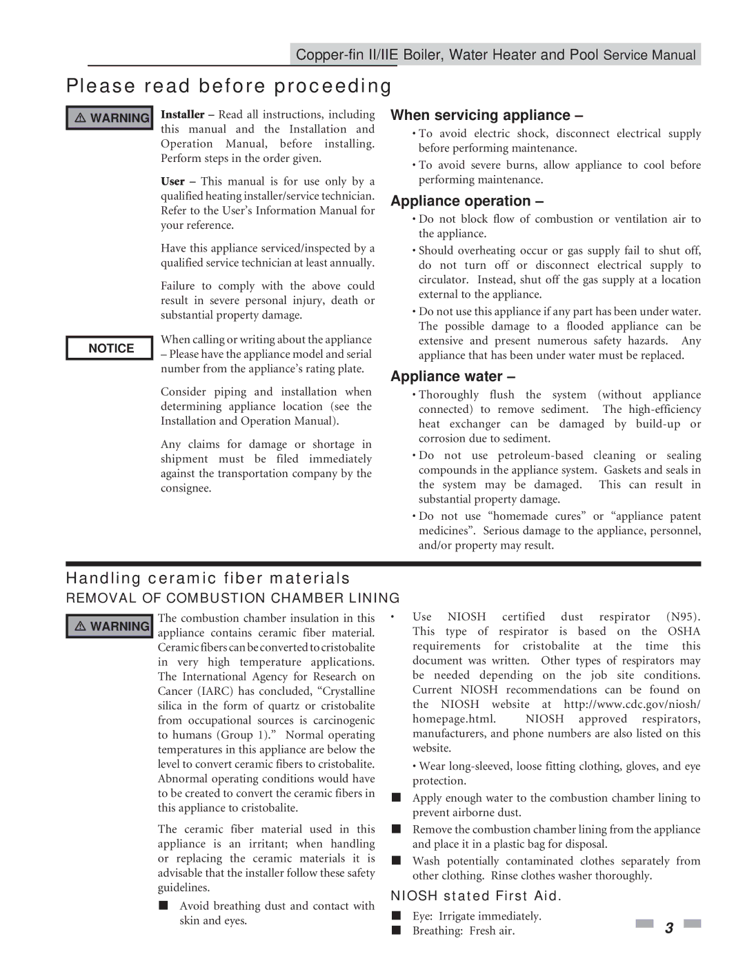 Lochinvar 502 - 2072, 402 - 2072 Please read before proceeding, Handling ceramic fiber materials, Niosh stated First Aid 