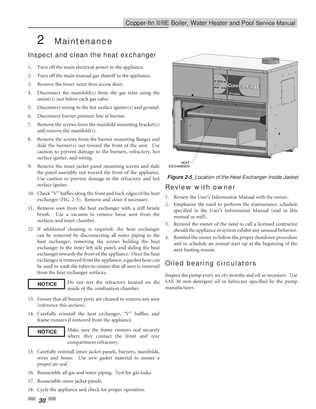 Lochinvar 402 - 2072, 502 - 2072 Inspect and clean the heat exchanger, Review with owner, Oiled bearing circulators 