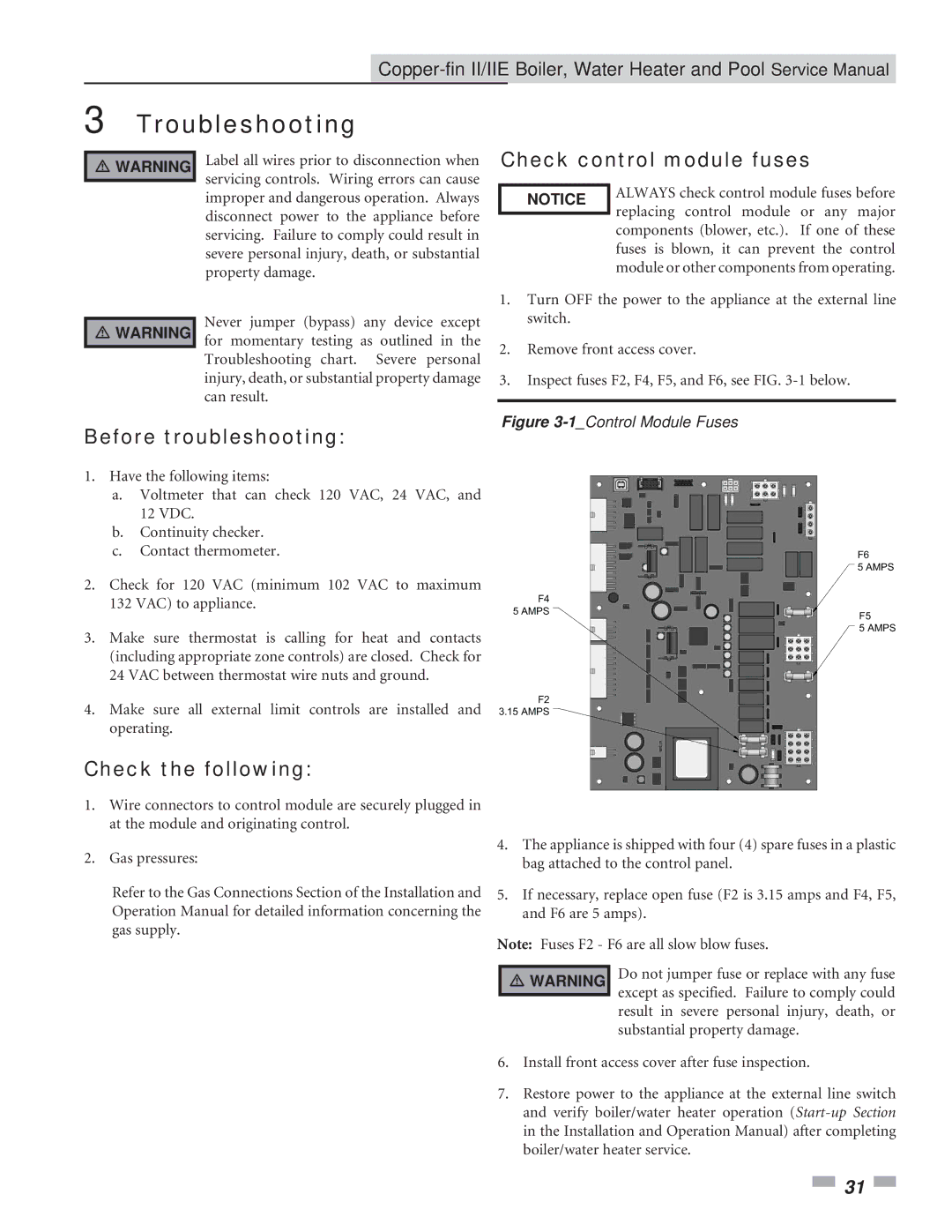 Lochinvar 502 - 2072, 402 - 2072 Troubleshooting, Check control module fuses, Before troubleshooting, Check the following 