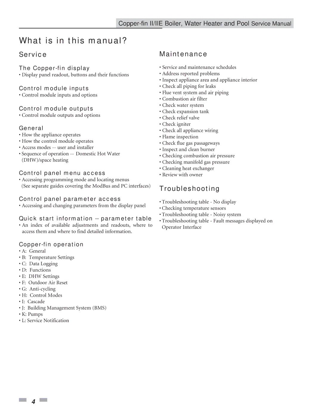 Lochinvar 402 - 2072, 502 - 2072 service manual What is in this manual?, Service, Maintenance, Troubleshooting 