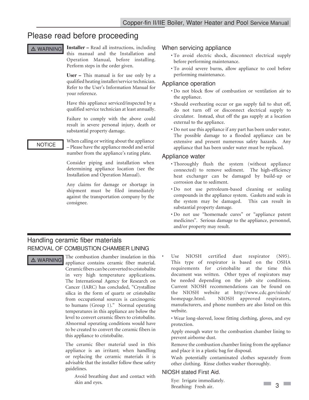 Lochinvar 502 - 2072, 402 - 2072 Please read before proceeding, Handling ceramic fiber materials, Niosh stated First Aid 