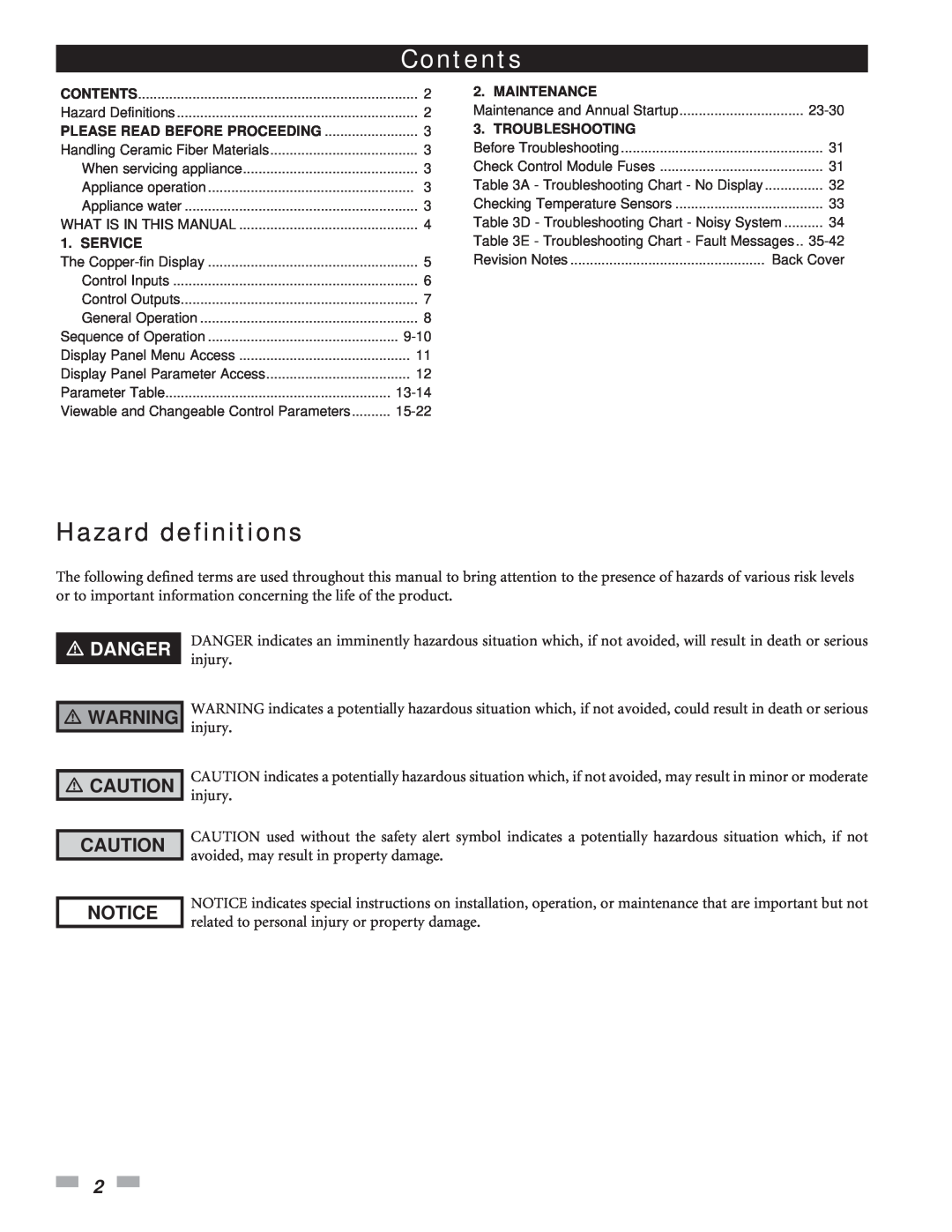 Lochinvar 402 - 2072, 502 - 2072 service manual Hazard definitions, Danger, Contents 