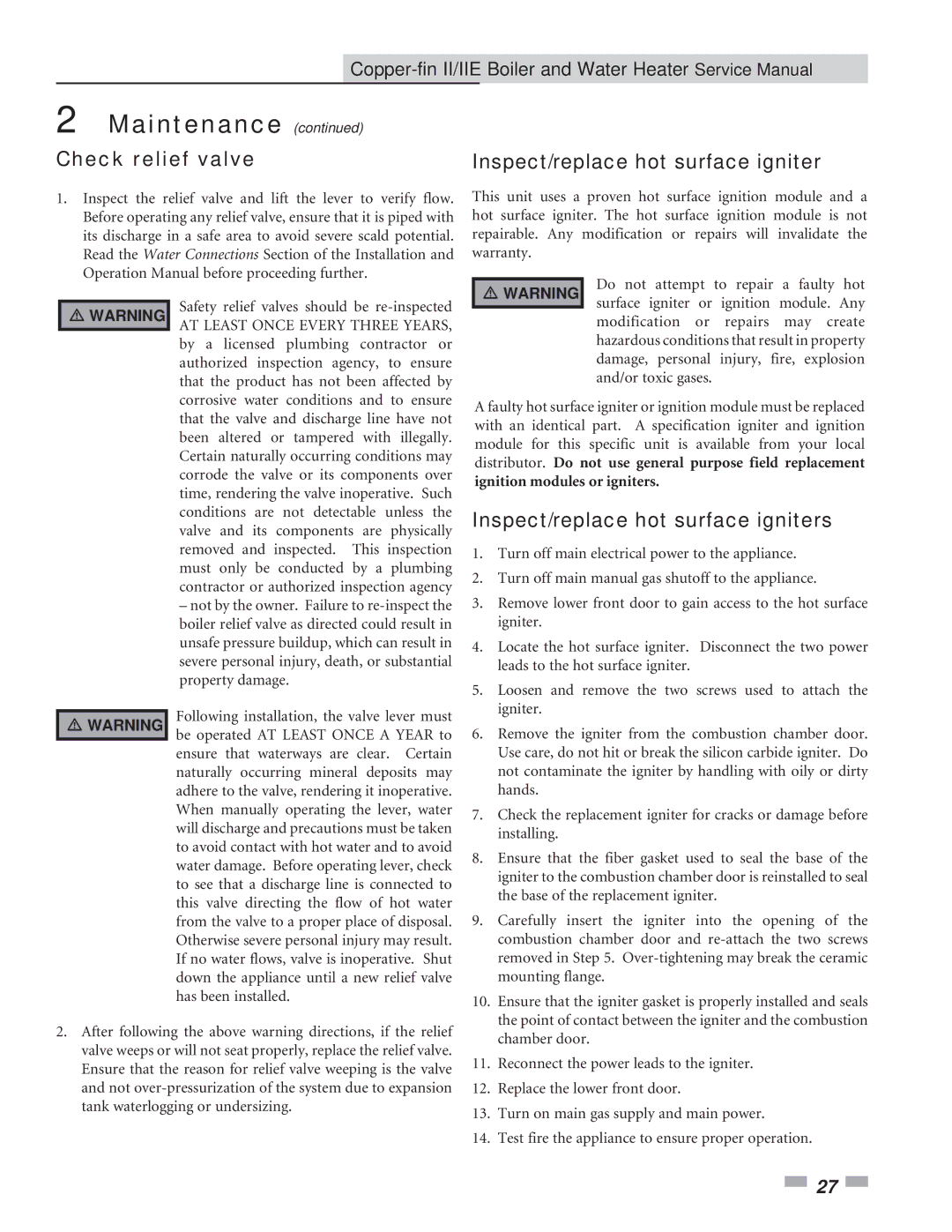 Lochinvar 402 - 2072 service manual Check relief valve, Inspect/replace hot surface igniters 