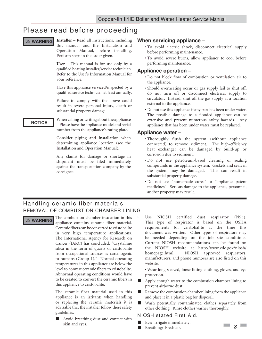 Lochinvar 402 - 2072 service manual Please read before proceeding, Handling ceramic fiber materials, Niosh stated First Aid 