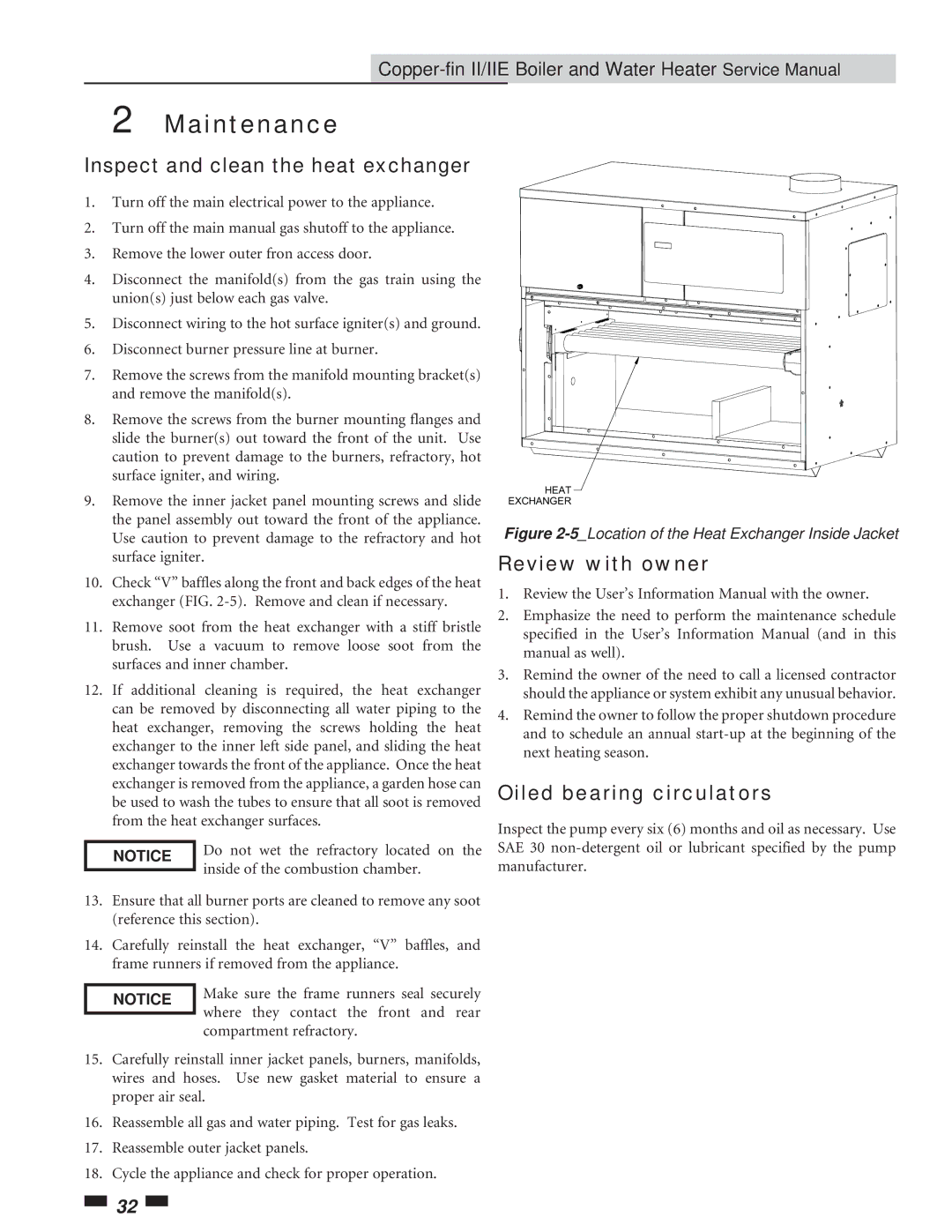 Lochinvar 402 - 2072 service manual Inspect and clean the heat exchanger, Review with owner, Oiled bearing circulators 