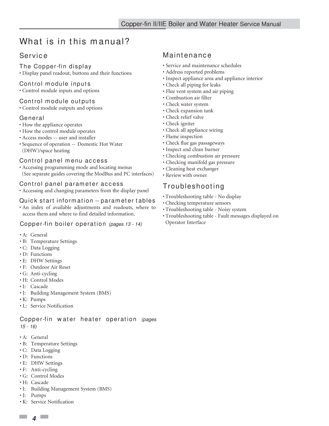 Lochinvar 402 - 2072 service manual What is in this manual?, Service, Maintenance, Troubleshooting 