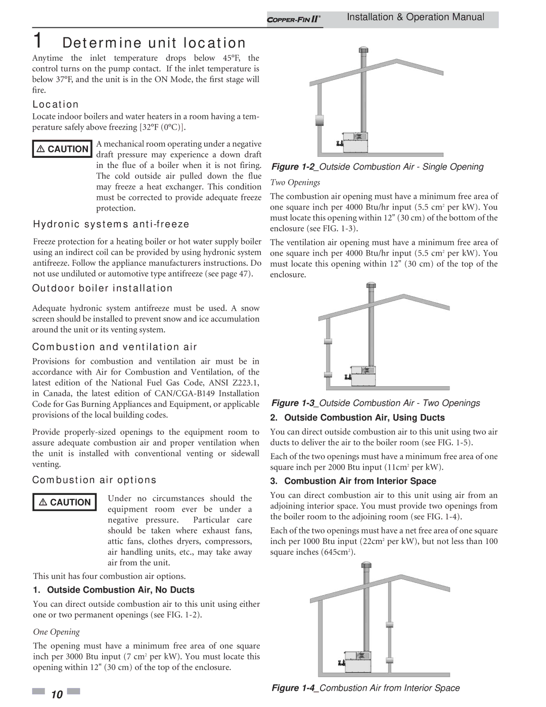 Lochinvar 402 - 2072 Location, Hydronic systems anti-freeze, Outdoor boiler installation, Combustion and ventilation air 